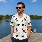 Real-life photo of someone wearing Men's Pin High Custom Face Polo Shirt — custom faces printed all-over