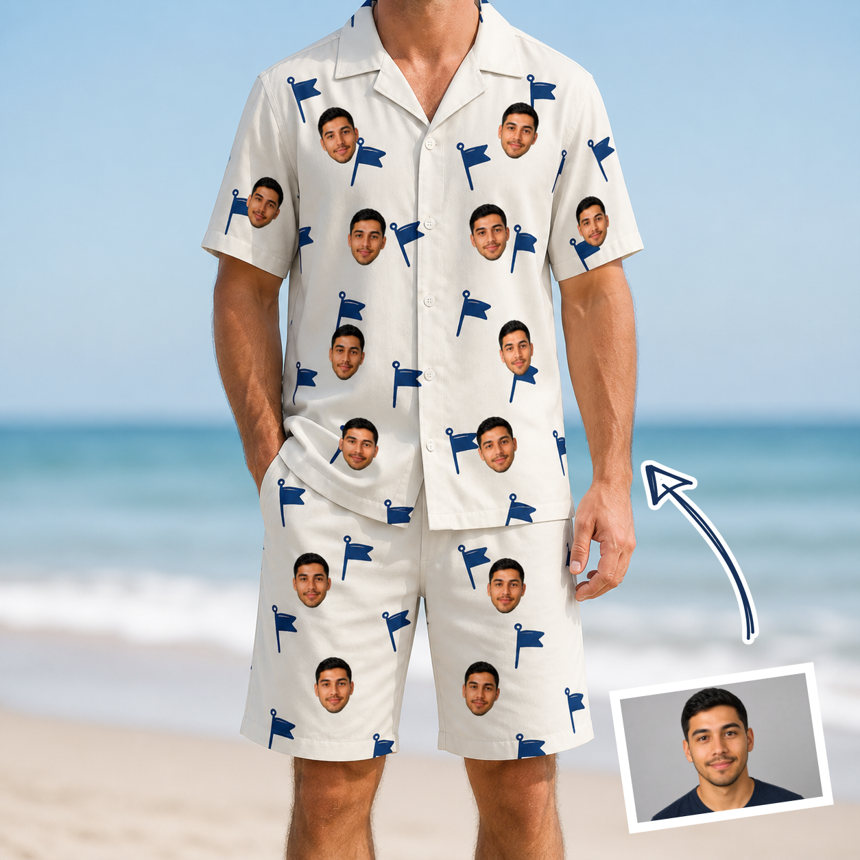 Man wearing Men's Pin High Custom Face Shirt & Shorts Set — custom faces printed all-over