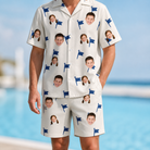 Model wearing Men's Pin High Custom Face Shirt & Shorts Set printed with kids' faces