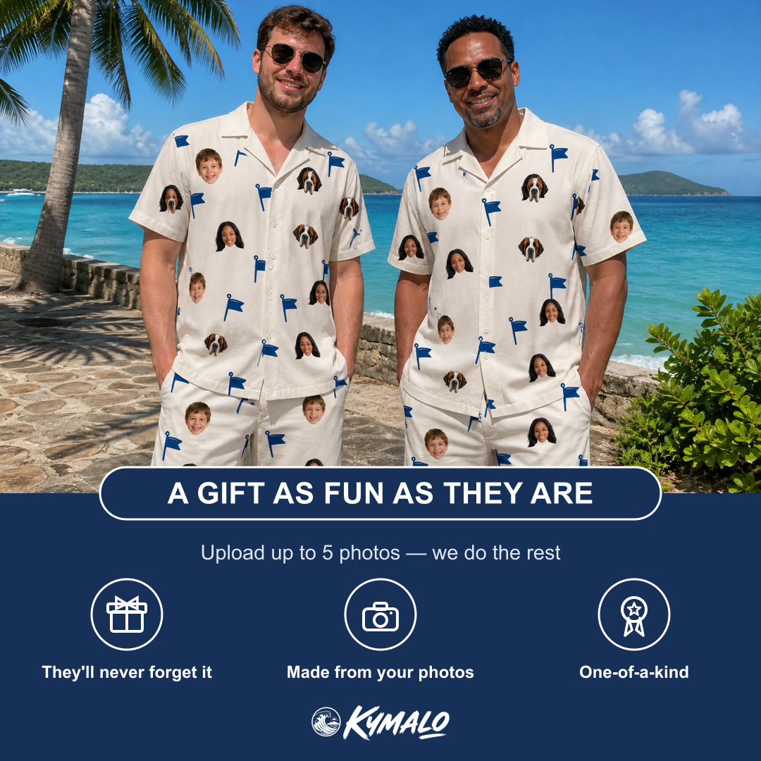 Friends in matching Men's Pin High Custom Face Shirt & Shorts Set — a group gift photo
