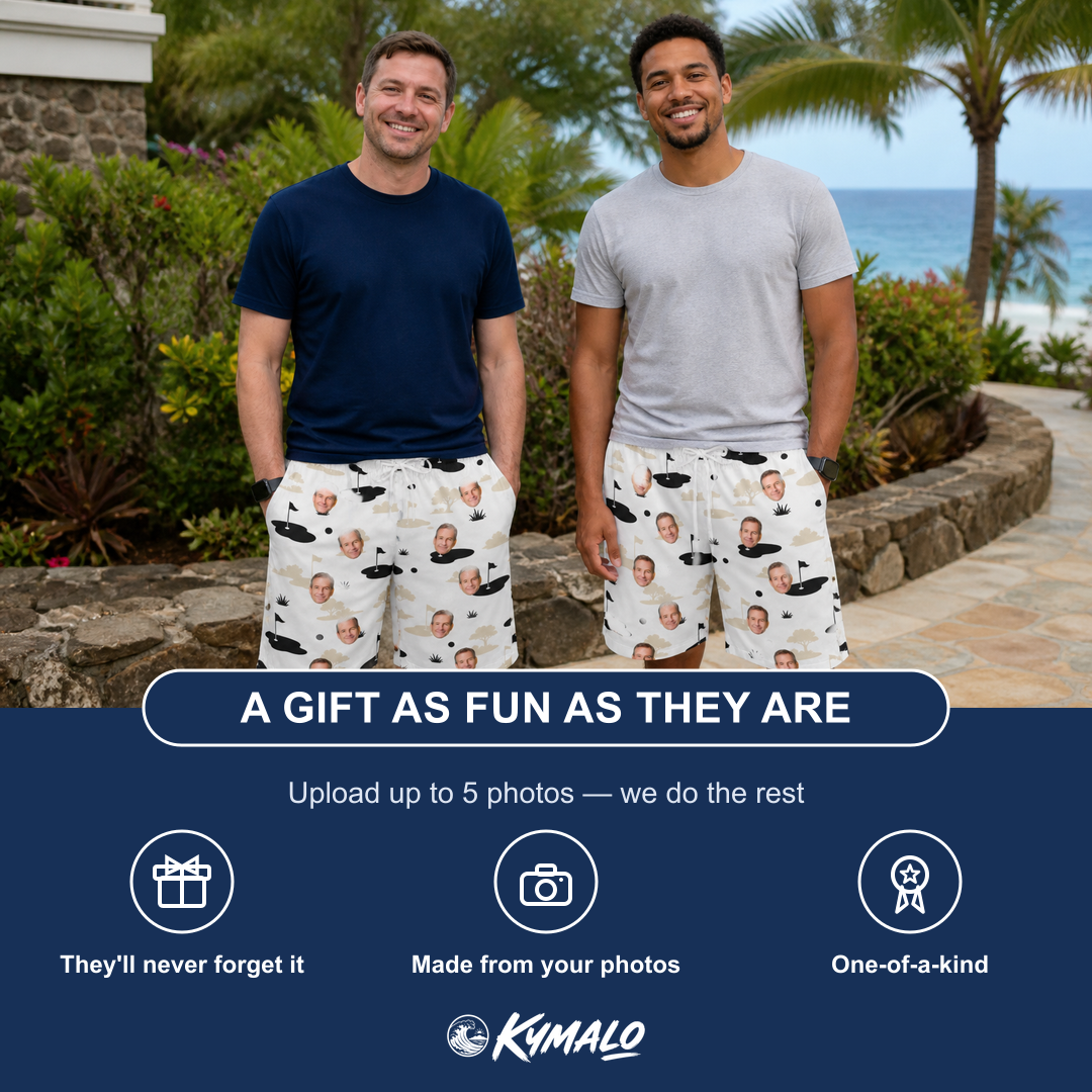 Friends in matching Men's Tee Hee Custom Face Beach Shorts — a group gift photo
