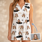 Woman wearing Women's Tee Hee Custom Face V-Neck Dress — custom faces printed all-over