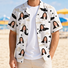 Man wearing Men's Tee Hee Custom Face Hawaiian Shirt open over a white tee
