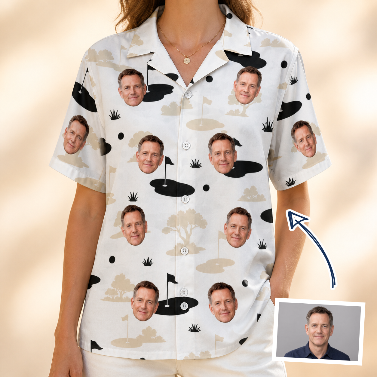 Woman wearing Women's Tee Hee Custom Face Hawaiian Shirt — custom faces printed all-over