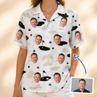 Woman wearing Women's Tee Hee Custom Face Hawaiian Shirt — custom faces printed all-over