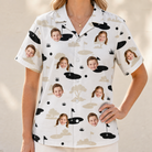 Model wearing Women's Tee Hee Custom Face Hawaiian Shirt printed with kids' faces