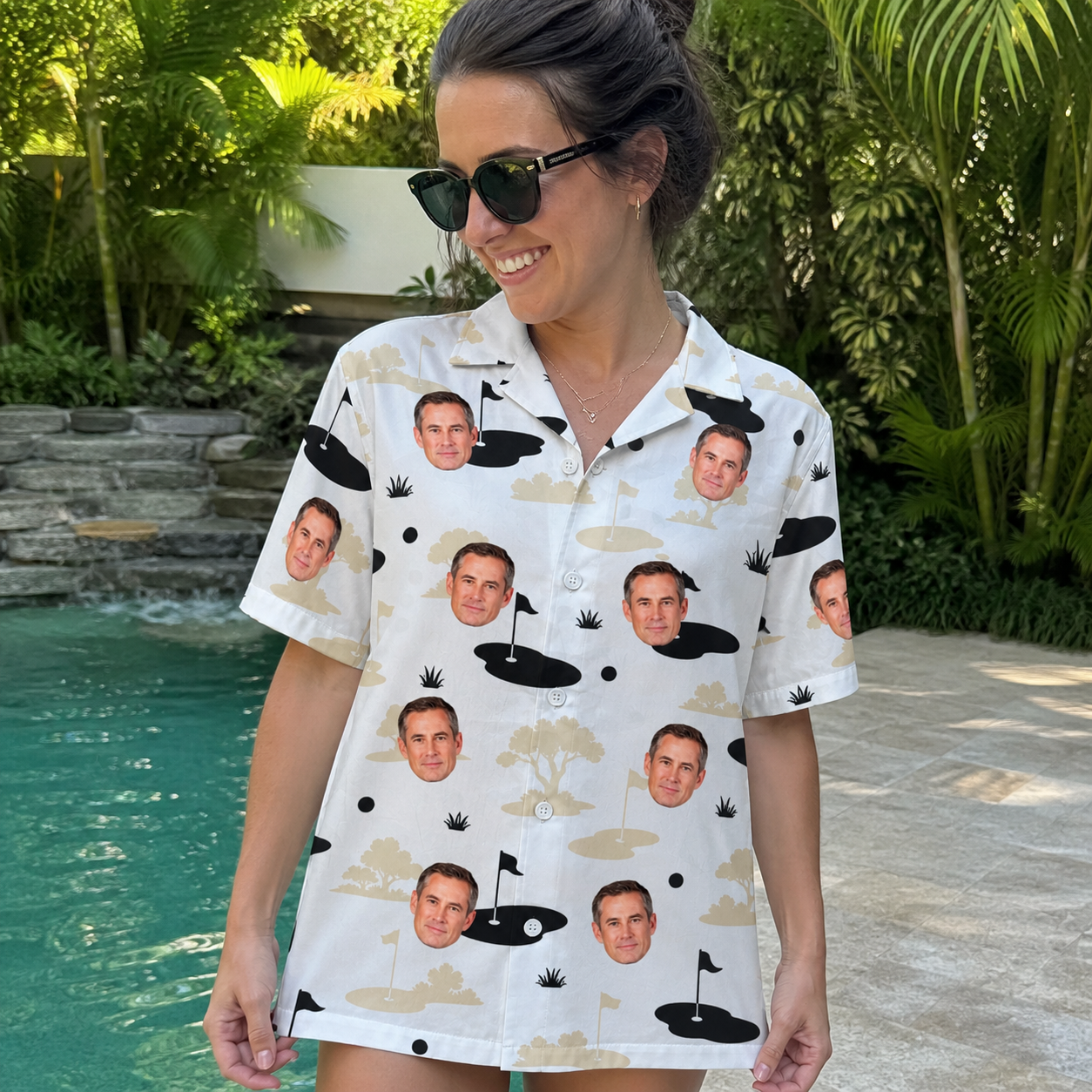 Real-life photo of someone wearing Women's Tee Hee Custom Face Hawaiian Shirt — custom faces printed all-over