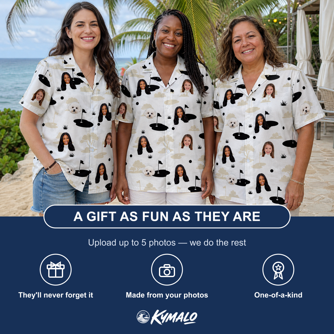 Friends in matching Women's Tee Hee Custom Face Hawaiian Shirt — a group gift photo