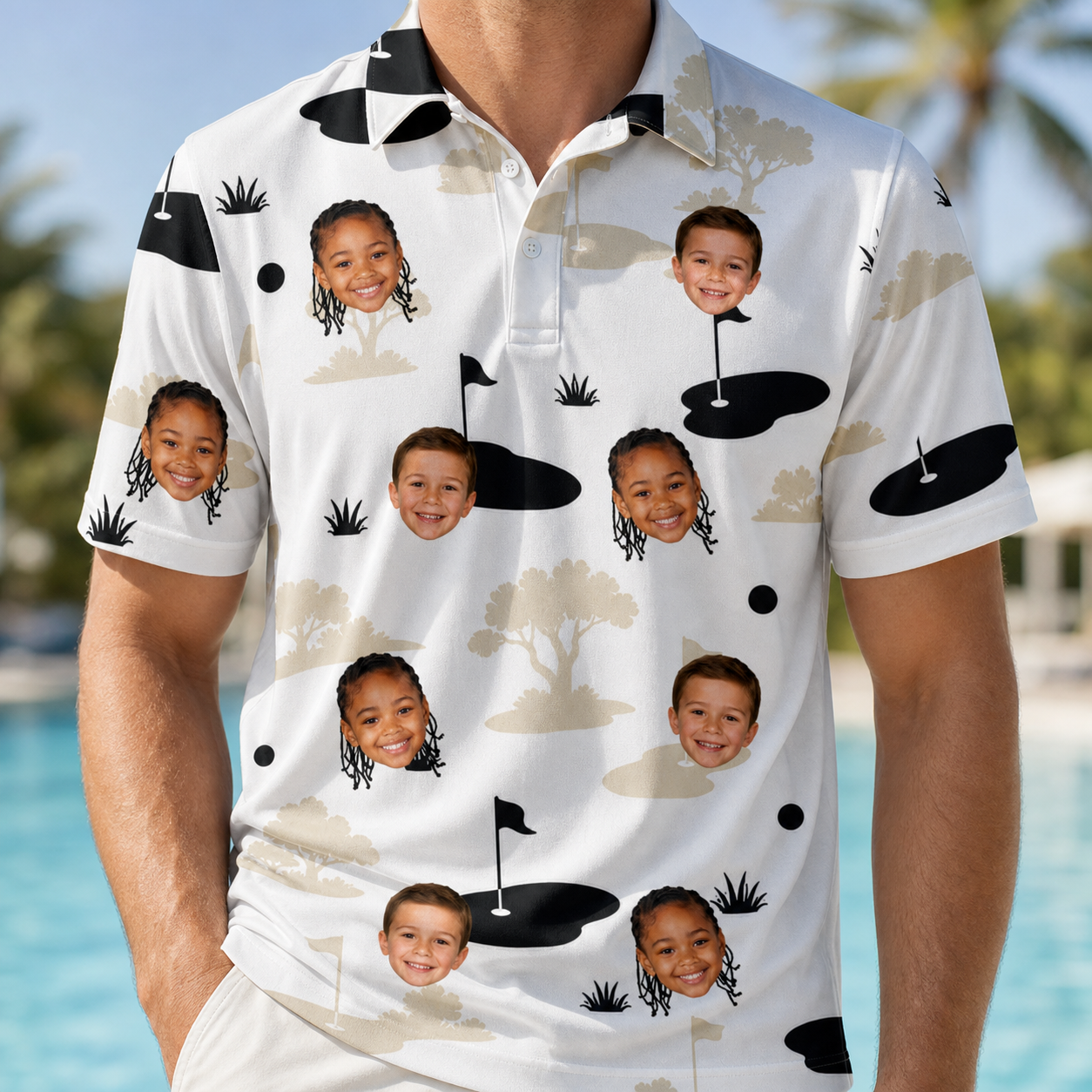 Model wearing Men's Tee Hee Custom Face Polo Shirt printed with kids' faces