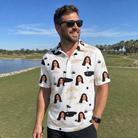 Real-life photo of someone wearing Men's Tee Hee Custom Face Polo Shirt — custom faces printed all-over