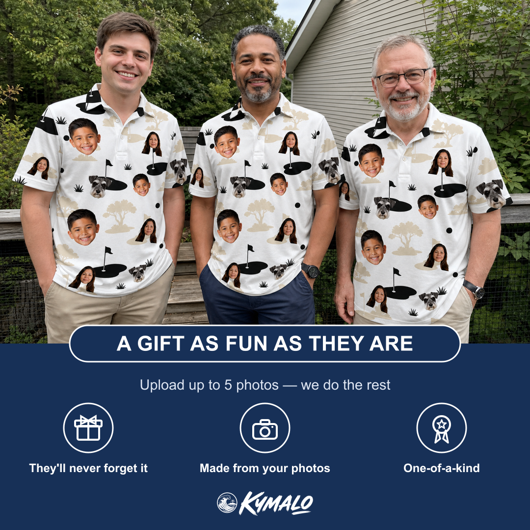 Friends in matching Men's Tee Hee Custom Face Polo Shirt — a group gift photo