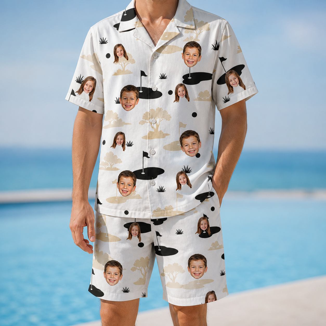 Model wearing Men's Tee Hee Custom Face Shirt & Shorts Set printed with kids' faces