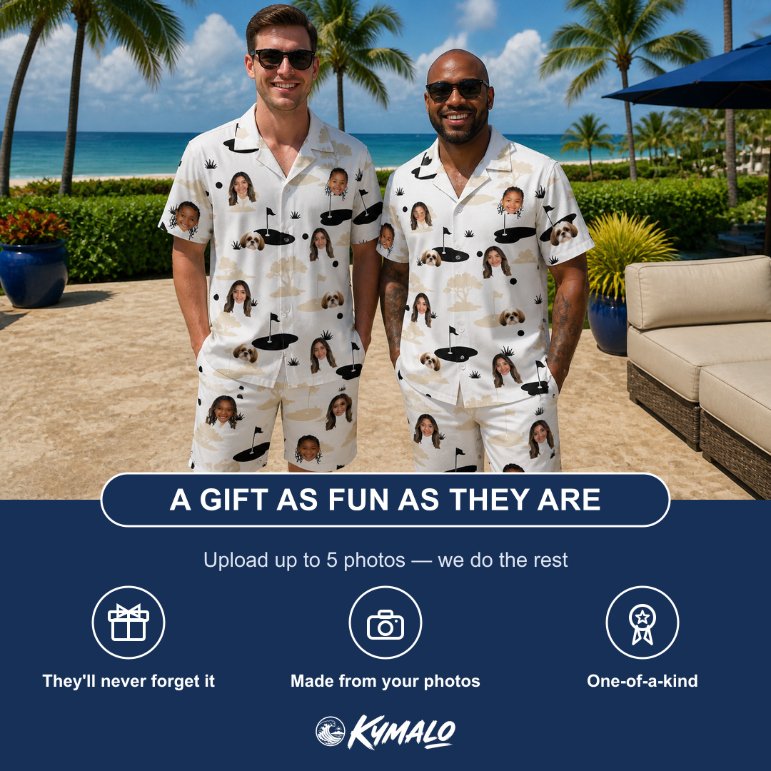 Friends in matching Men's Tee Hee Custom Face Shirt & Shorts Set — a group gift photo