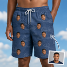Man wearing Men's Putt Pursuit Custom Face Beach Shorts — custom faces printed all-over