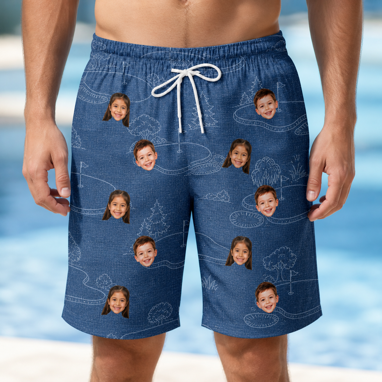 Model wearing Men's Putt Pursuit Custom Face Beach Shorts printed with kids' faces