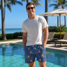 Real-life photo of someone wearing Men's Putt Pursuit Custom Face Beach Shorts — custom faces printed all-over