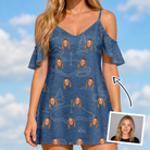 Woman wearing Women's Putt Pursuit Custom Face Off-Shoulder Dress — custom faces printed all-over