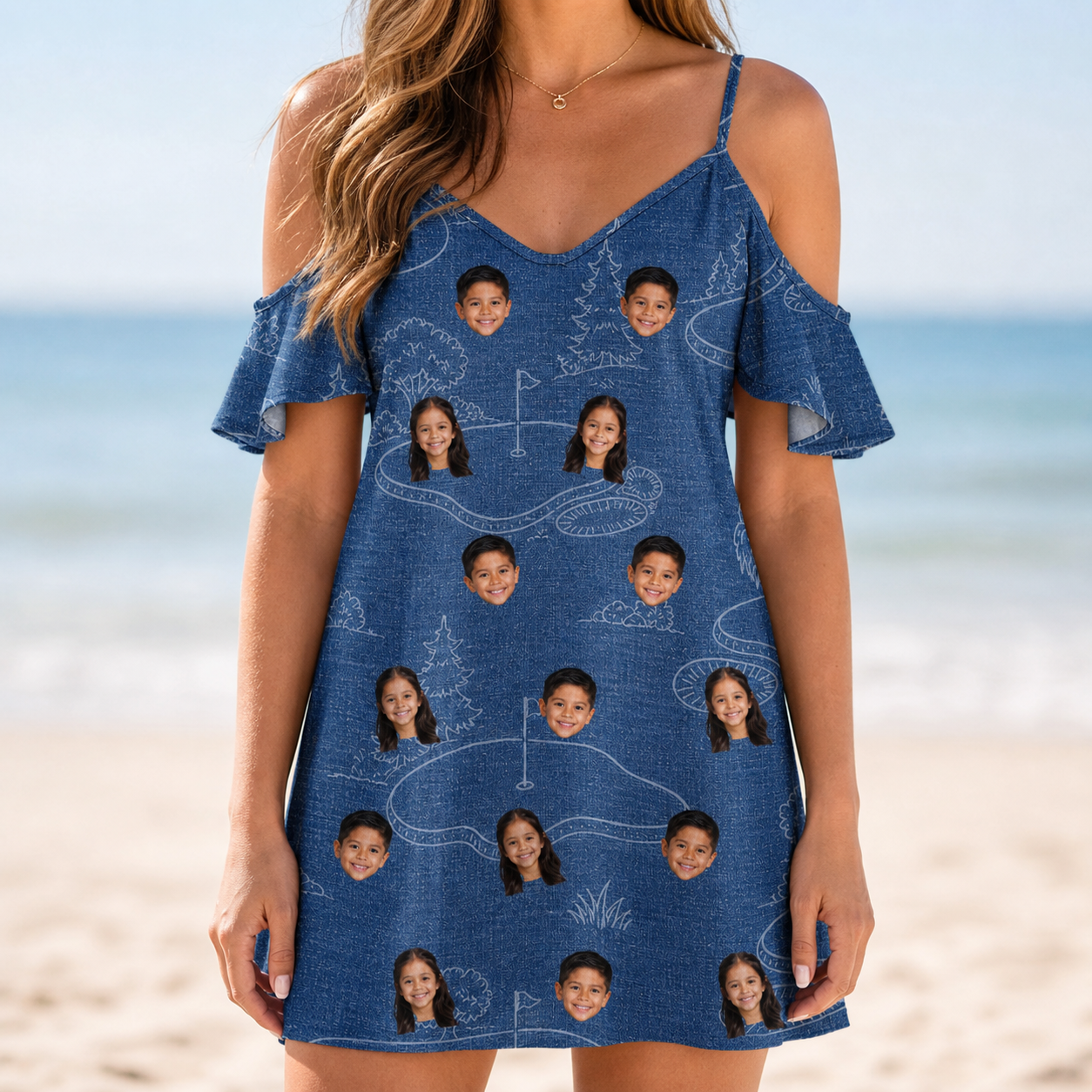 Model wearing Women's Putt Pursuit Custom Face Off-Shoulder Dress printed with kids' faces
