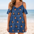 Model wearing Women's Putt Pursuit Custom Face Off-Shoulder Dress printed with kids' faces