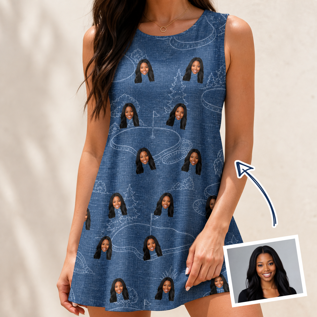 Woman wearing Women's Putt Pursuit Custom Face Tank Dress — custom faces printed all-over