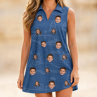 Model wearing Women's Putt Pursuit Custom Face V-Neck Dress printed with kids' faces