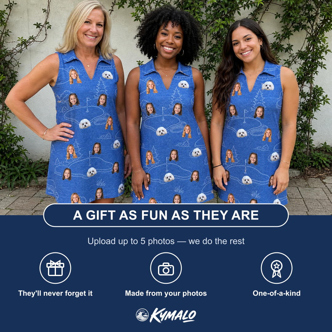 Friends in matching Women's Putt Pursuit Custom Face V-Neck Dress — a group gift photo