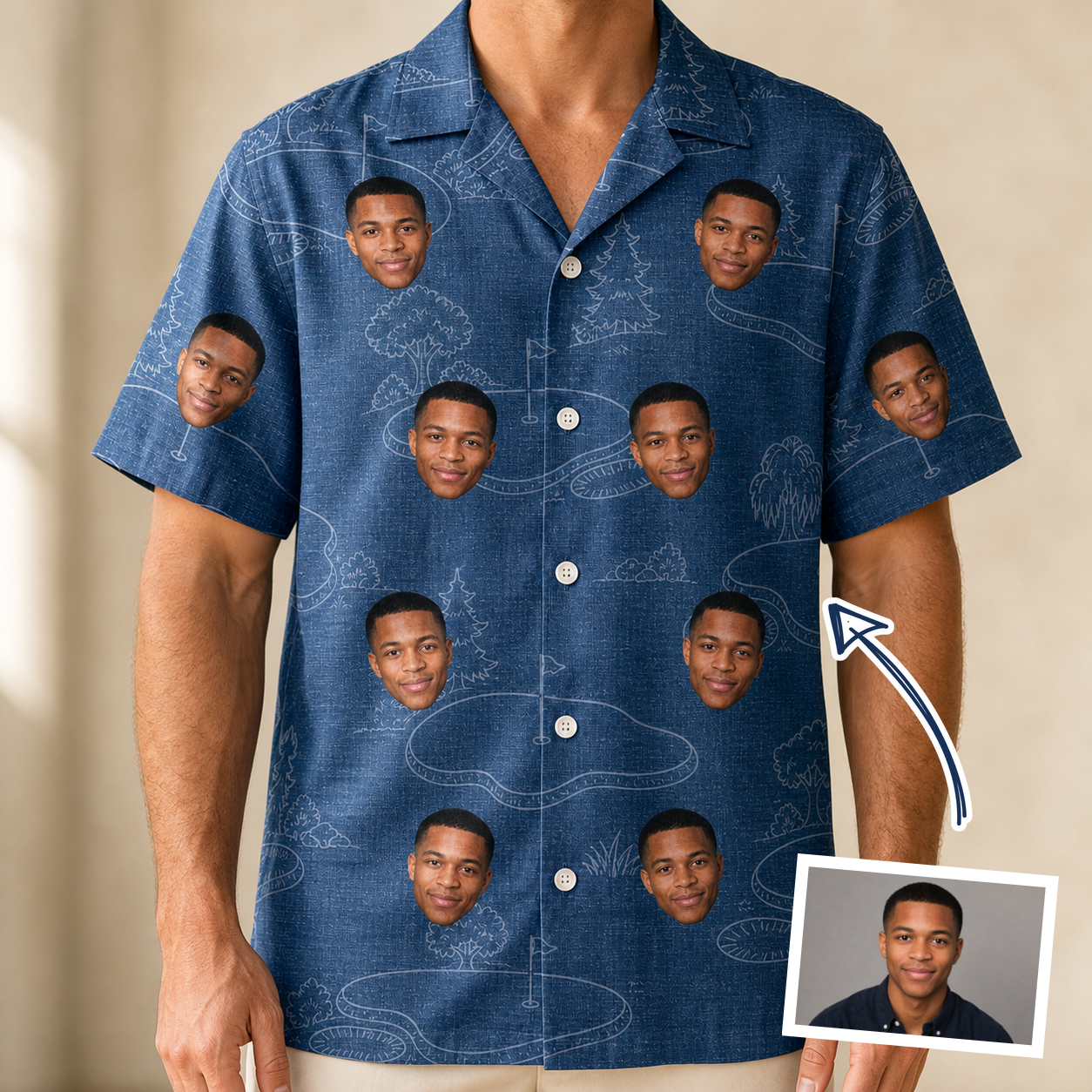 Man wearing Men's Putt Pursuit Custom Face Hawaiian Shirt — custom faces printed all-over