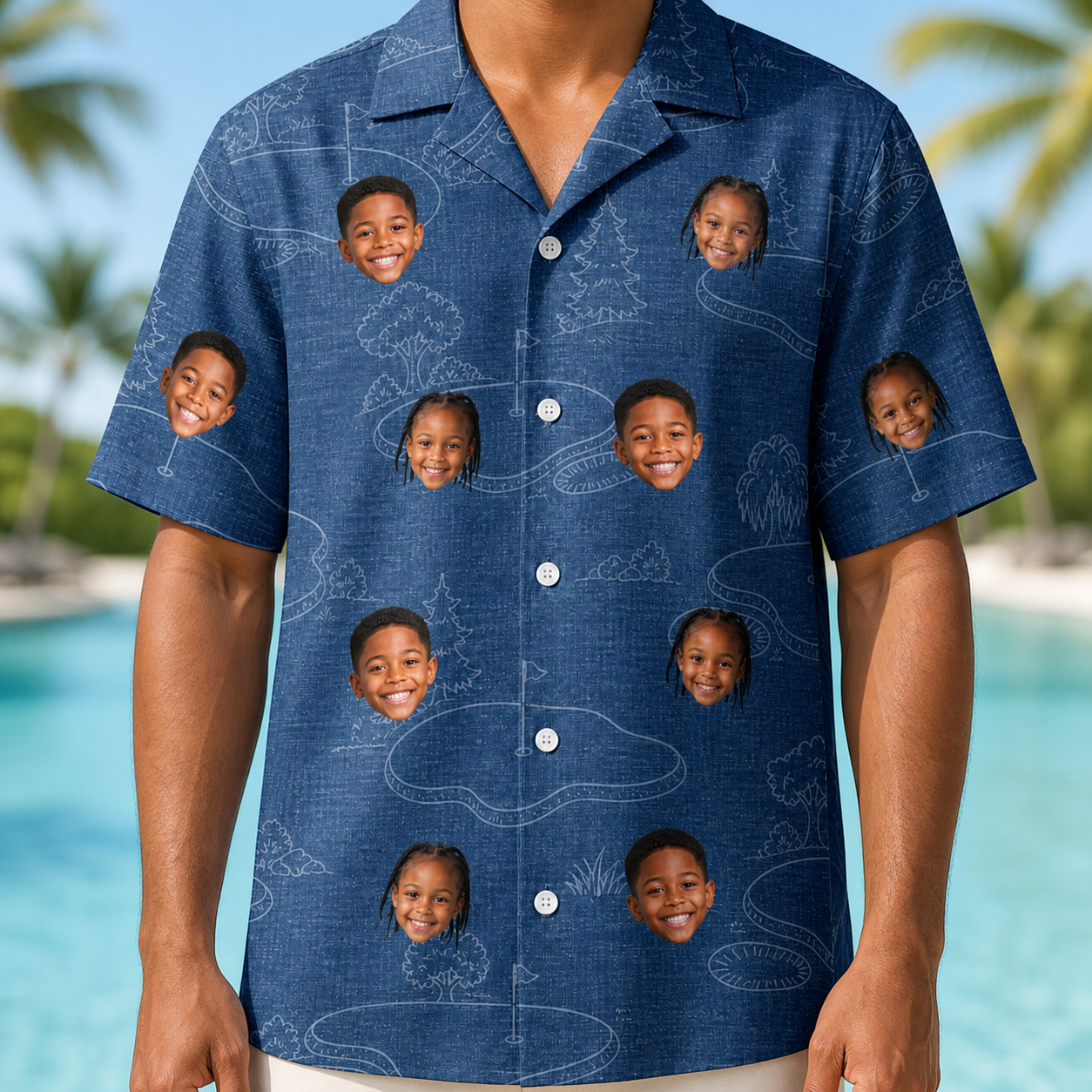 Model wearing Men's Putt Pursuit Custom Face Hawaiian Shirt printed with kids' faces
