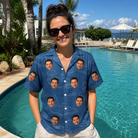 Real-life photo of someone wearing Women's Putt Pursuit Custom Face Hawaiian Shirt — custom faces printed all-over