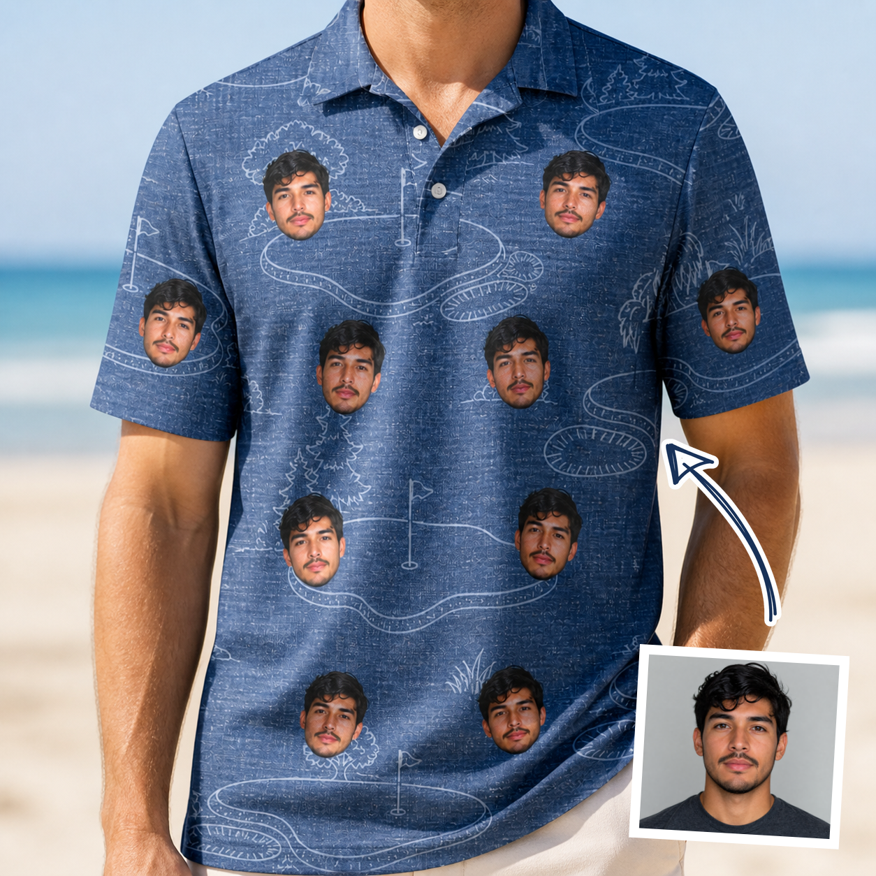 Man wearing Men's Putt Pursuit Custom Face Polo Shirt — custom faces printed all-over