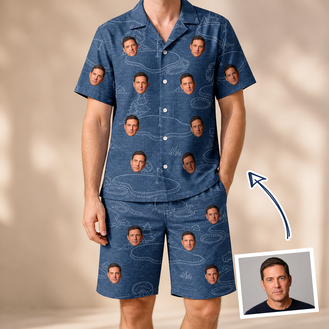 Man wearing Men's Putt Pursuit Custom Face Shirt & Shorts Set — custom faces printed all-over