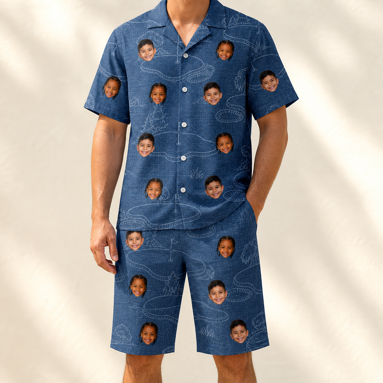 Model wearing Men's Putt Pursuit Custom Face Shirt & Shorts Set printed with kids' faces