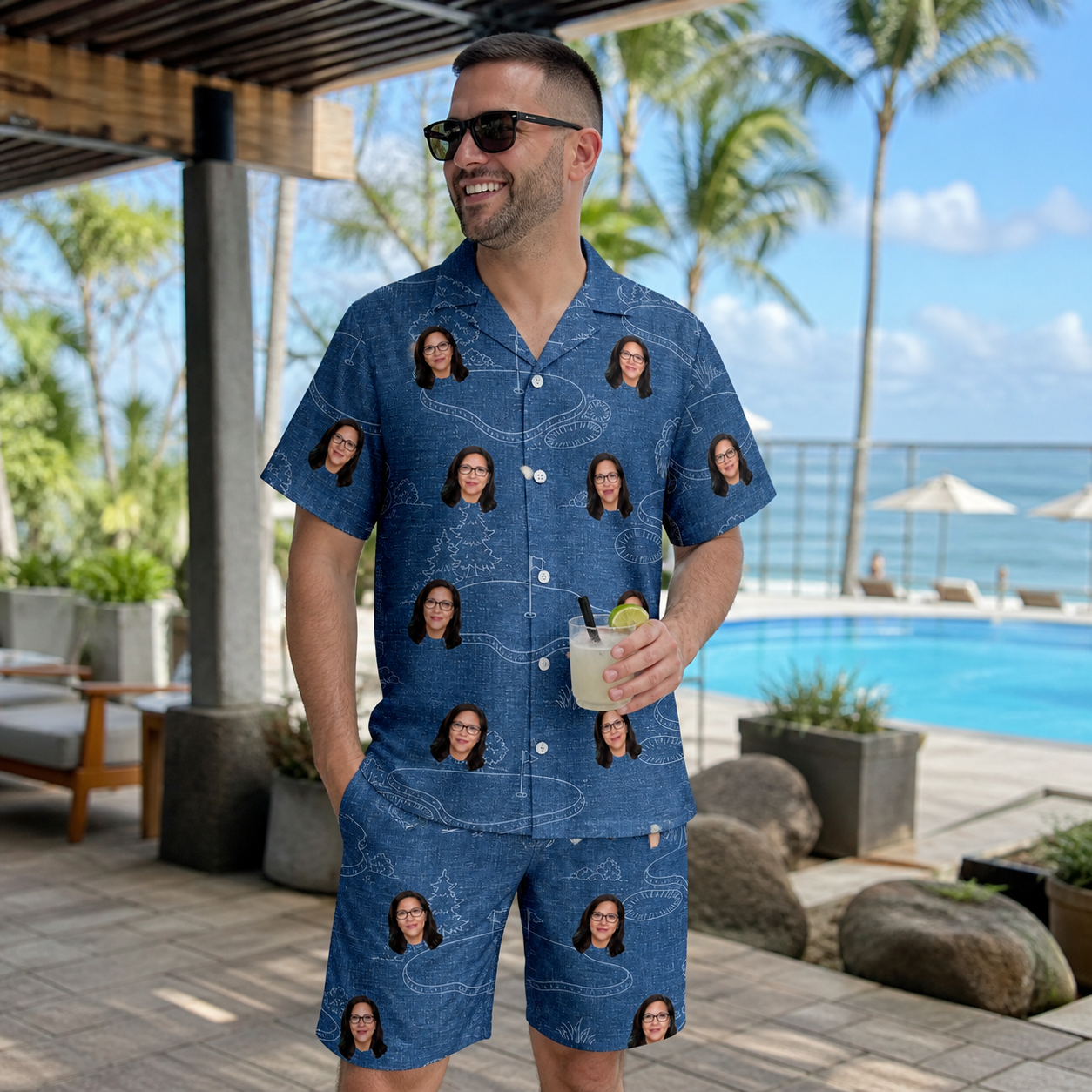 Real-life photo of someone wearing Men's Putt Pursuit Custom Face Shirt & Shorts Set — custom faces printed all-over