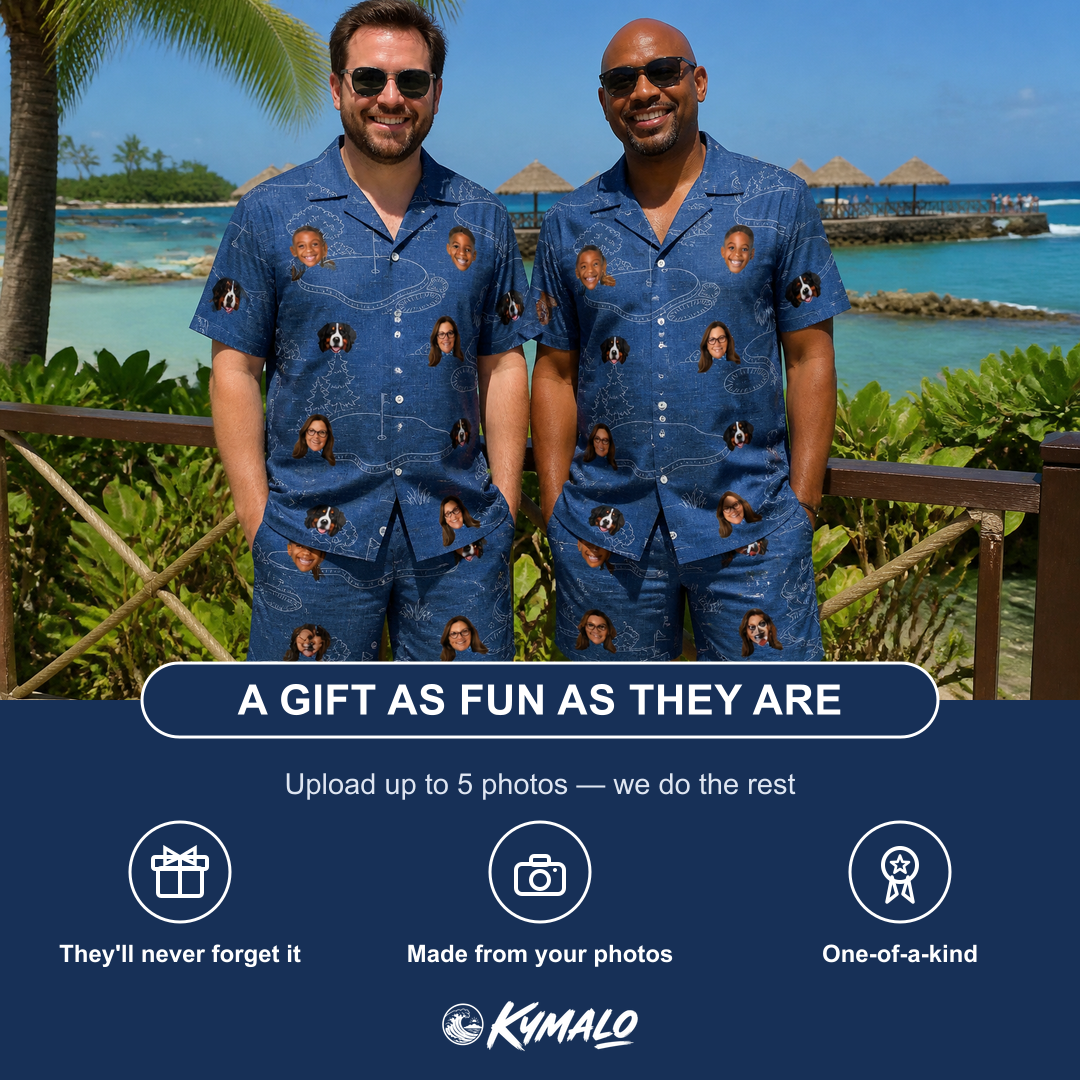Friends in matching Men's Putt Pursuit Custom Face Shirt & Shorts Set — a group gift photo
