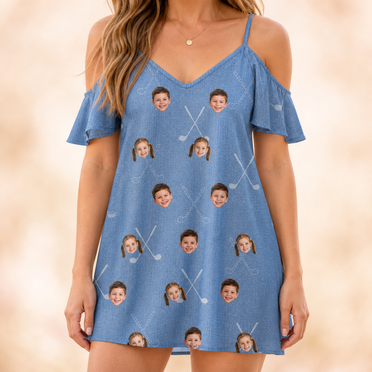Model wearing Women's Clubhouse Crossfire Custom Face Off-Shoulder Dress printed with kids' faces
