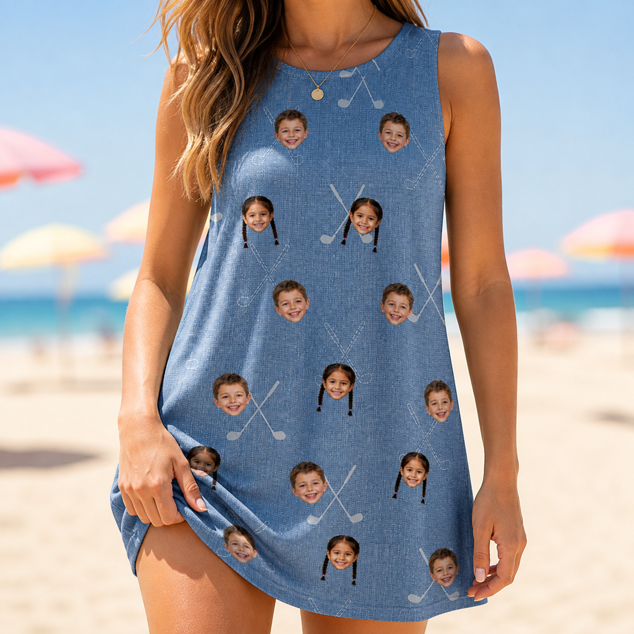 Model wearing Women's Clubhouse Crossfire Custom Face Tank Dress printed with kids' faces