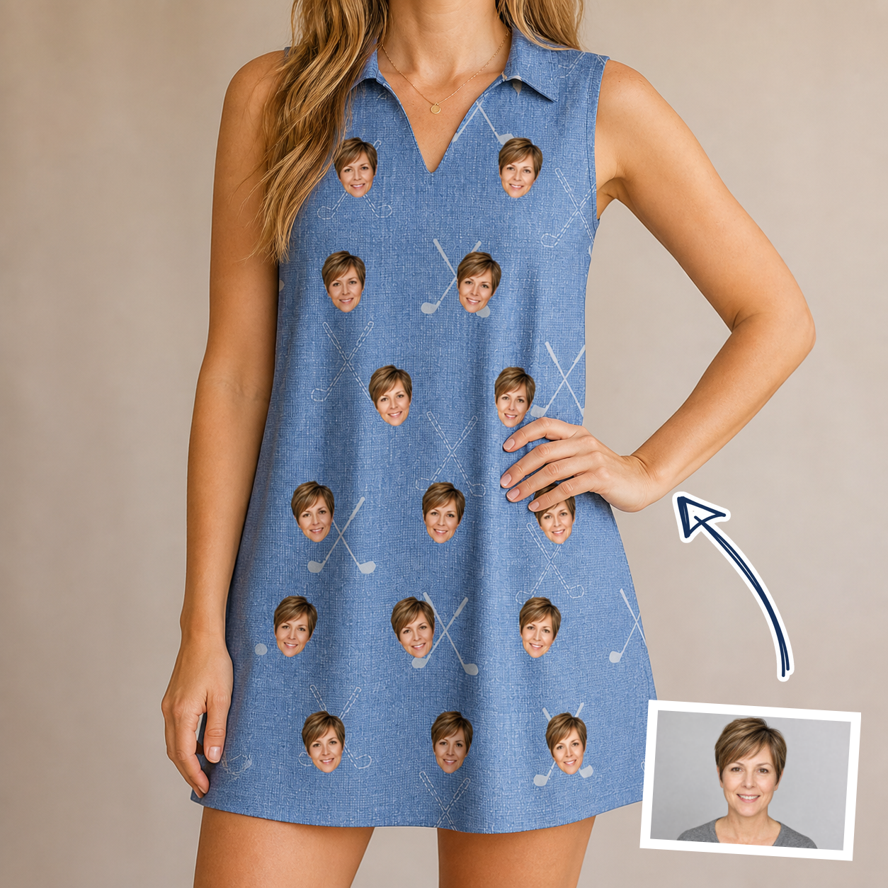 Woman wearing Women's Clubhouse Crossfire Custom Face V-Neck Dress — custom faces printed all-over