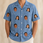 Model wearing Men's Clubhouse Crossfire Custom Face Hawaiian Shirt printed with kids' faces