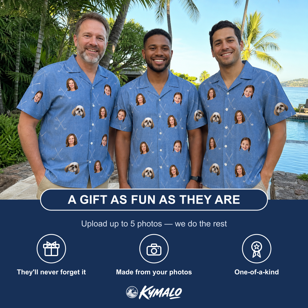 Friends in matching Men's Clubhouse Crossfire Custom Face Hawaiian Shirt — a group gift photo