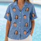 Model wearing Women's Clubhouse Crossfire Custom Face Hawaiian Shirt printed with kids' faces