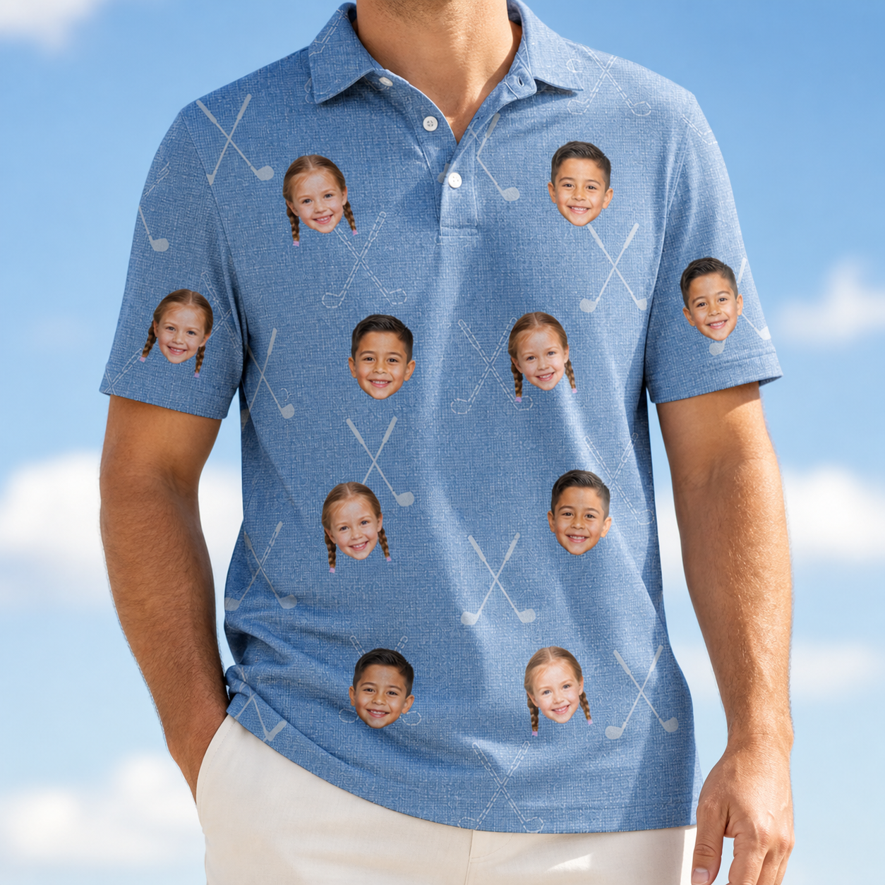 Model wearing Men's Clubhouse Crossfire Custom Face Polo Shirt printed with kids' faces