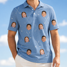 Model wearing Men's Clubhouse Crossfire Custom Face Polo Shirt printed with kids' faces