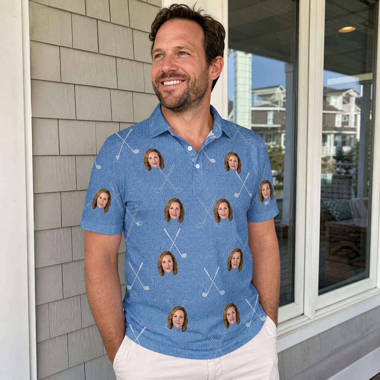 Real-life photo of someone wearing Men's Clubhouse Crossfire Custom Face Polo Shirt — custom faces printed all-over