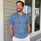 Real-life photo of someone wearing Men's Clubhouse Crossfire Custom Face Polo Shirt — custom faces printed all-over