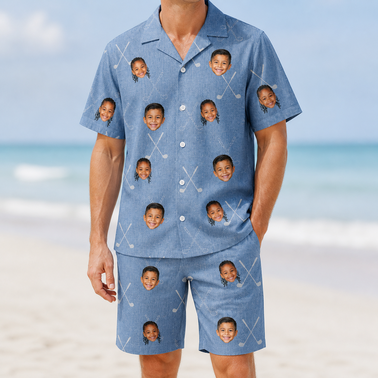 Model wearing Men's Clubhouse Crossfire Custom Face Shirt & Shorts Set printed with kids' faces