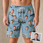 Man wearing Men's Cart Blanche Custom Face Beach Shorts — custom faces printed all-over