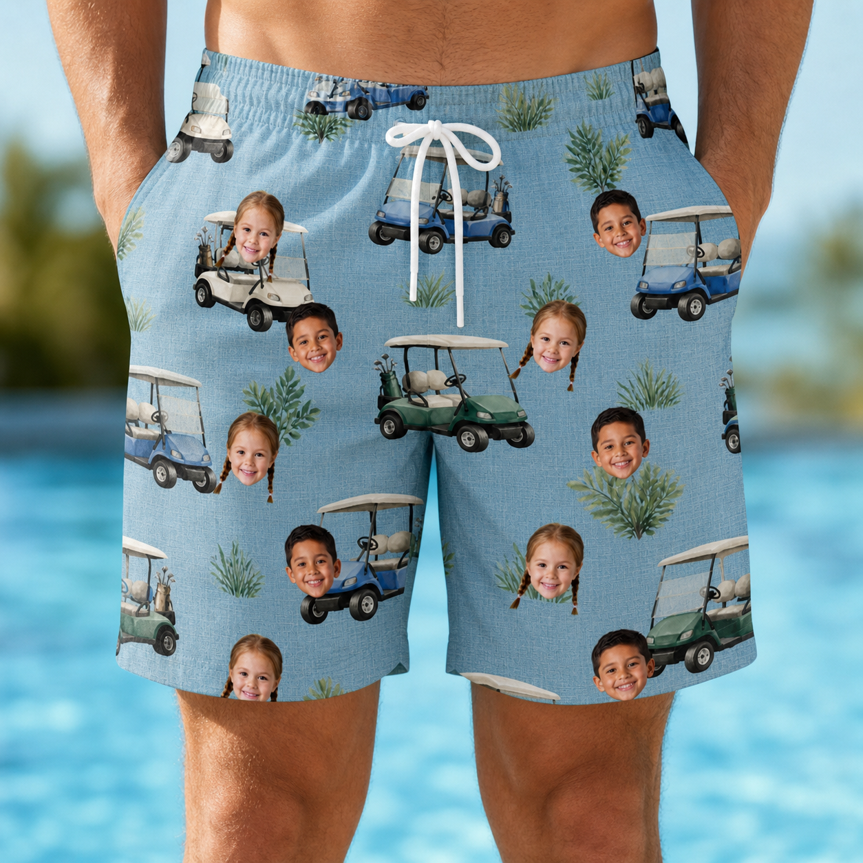 Model wearing Men's Cart Blanche Custom Face Beach Shorts printed with kids' faces