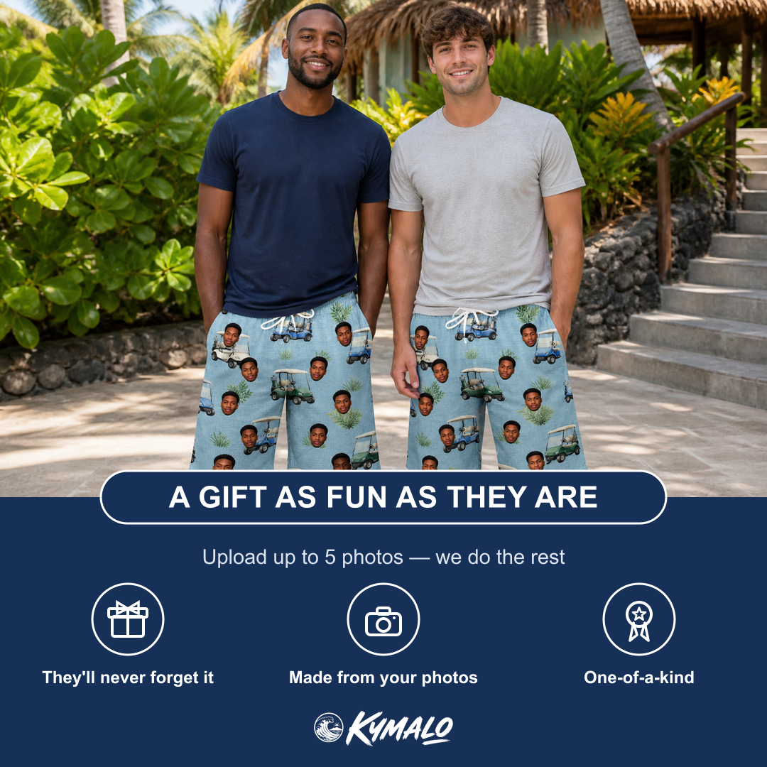 Friends in matching Men's Cart Blanche Custom Face Beach Shorts — a group gift photo