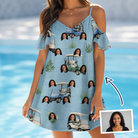 Woman wearing Women's Cart Blanche Custom Face Off-Shoulder Dress — custom faces printed all-over