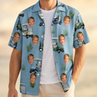 Man wearing Men's Cart Blanche Custom Face Hawaiian Shirt open over a white tee